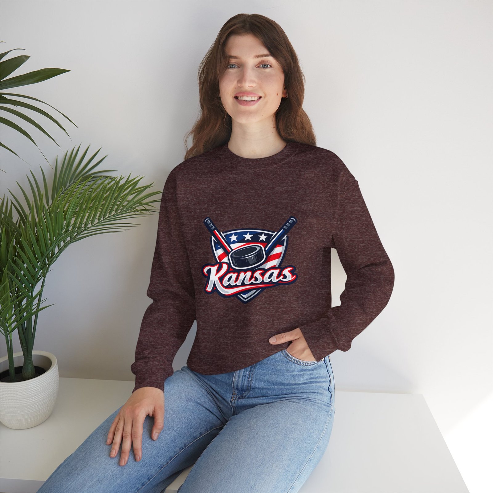 Kansas Hockey Crewneck Sweatshirt – Patriotic Puck & Sticks - Image 56