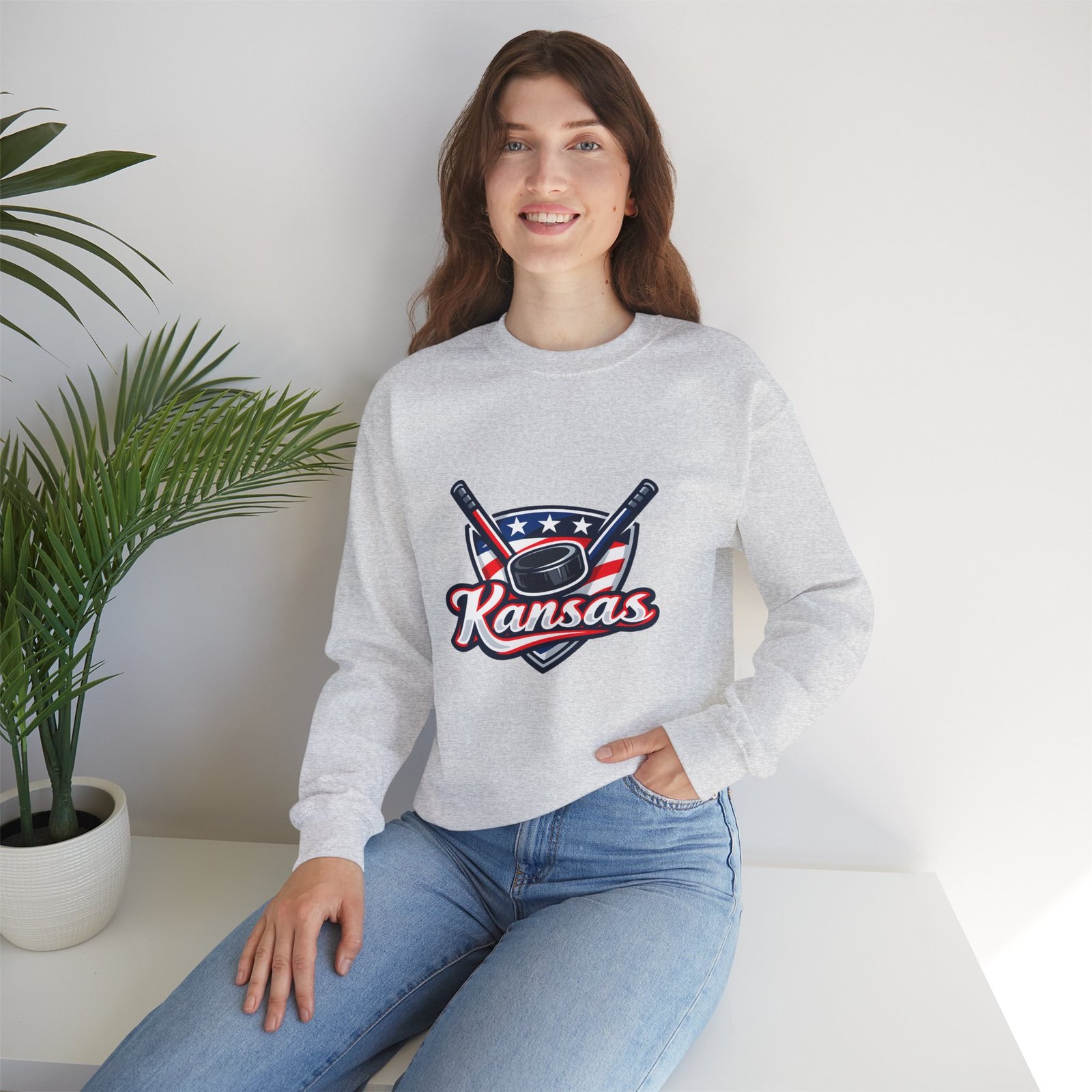 Kansas Hockey Crewneck Sweatshirt – Patriotic Puck & Sticks - Image 8
