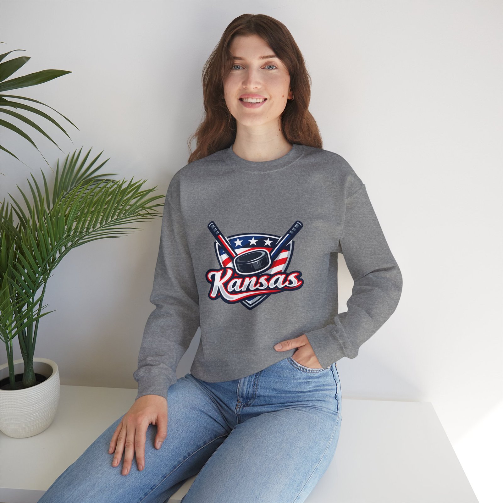 Kansas Hockey Crewneck Sweatshirt – Patriotic Puck & Sticks - Image 16
