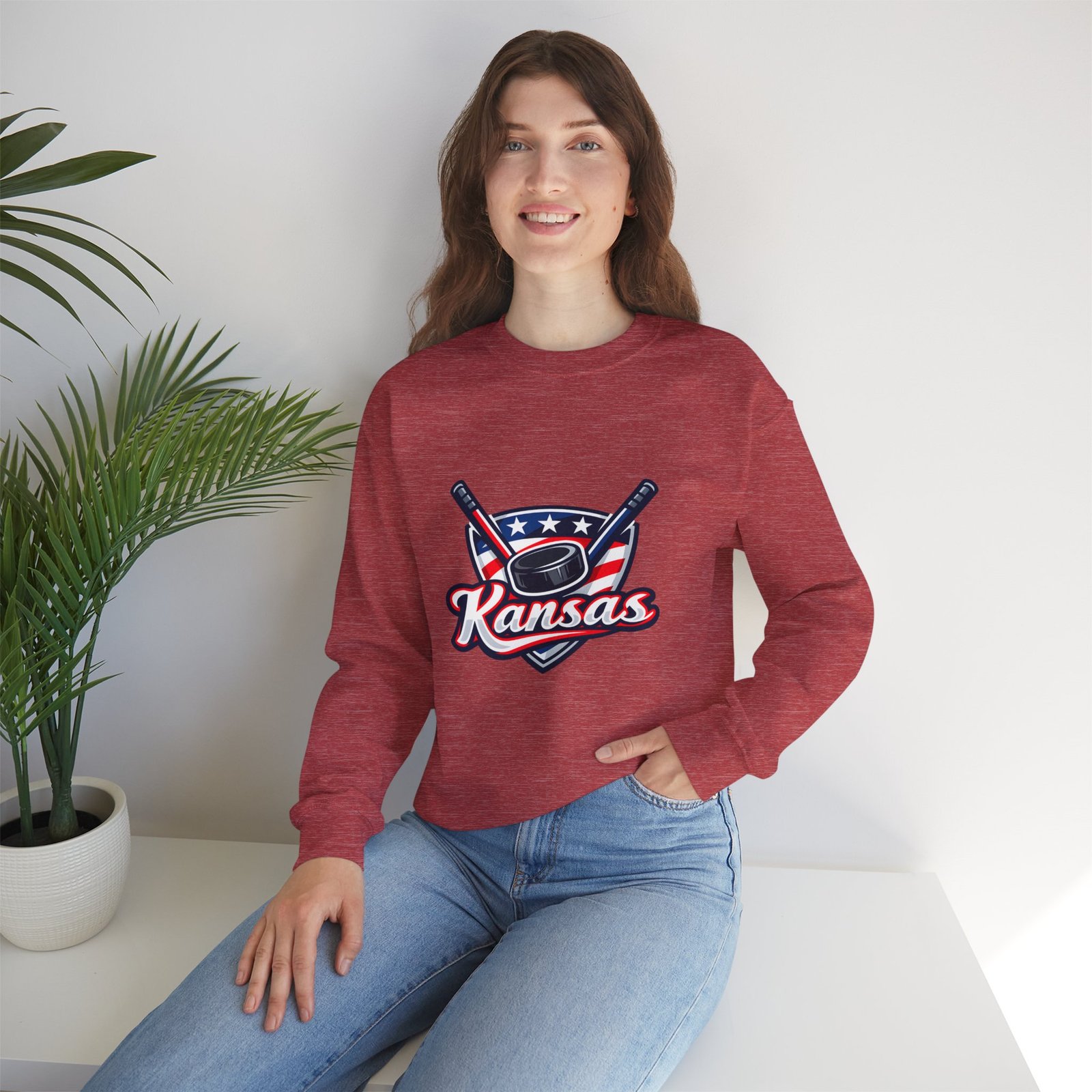 Kansas Hockey Crewneck Sweatshirt – Patriotic Puck & Sticks - Image 52