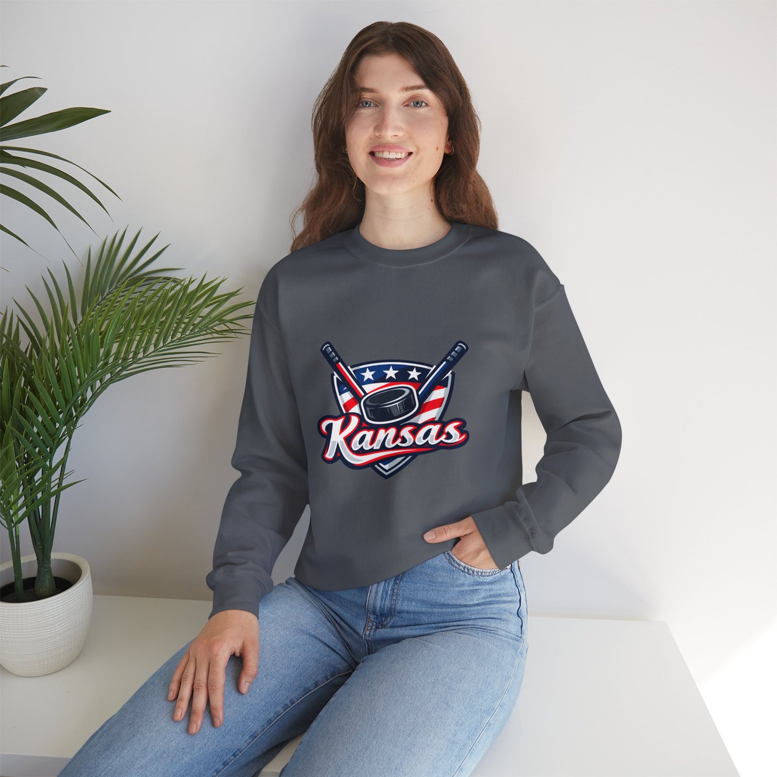 Kansas Hockey Crewneck Sweatshirt – Patriotic Puck & Sticks - Image 40