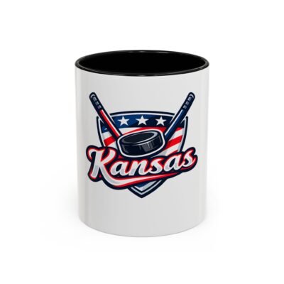 Kansas Hockey Coffee Mug - Patriotic Hockey Puck & Sticks Accent Mug