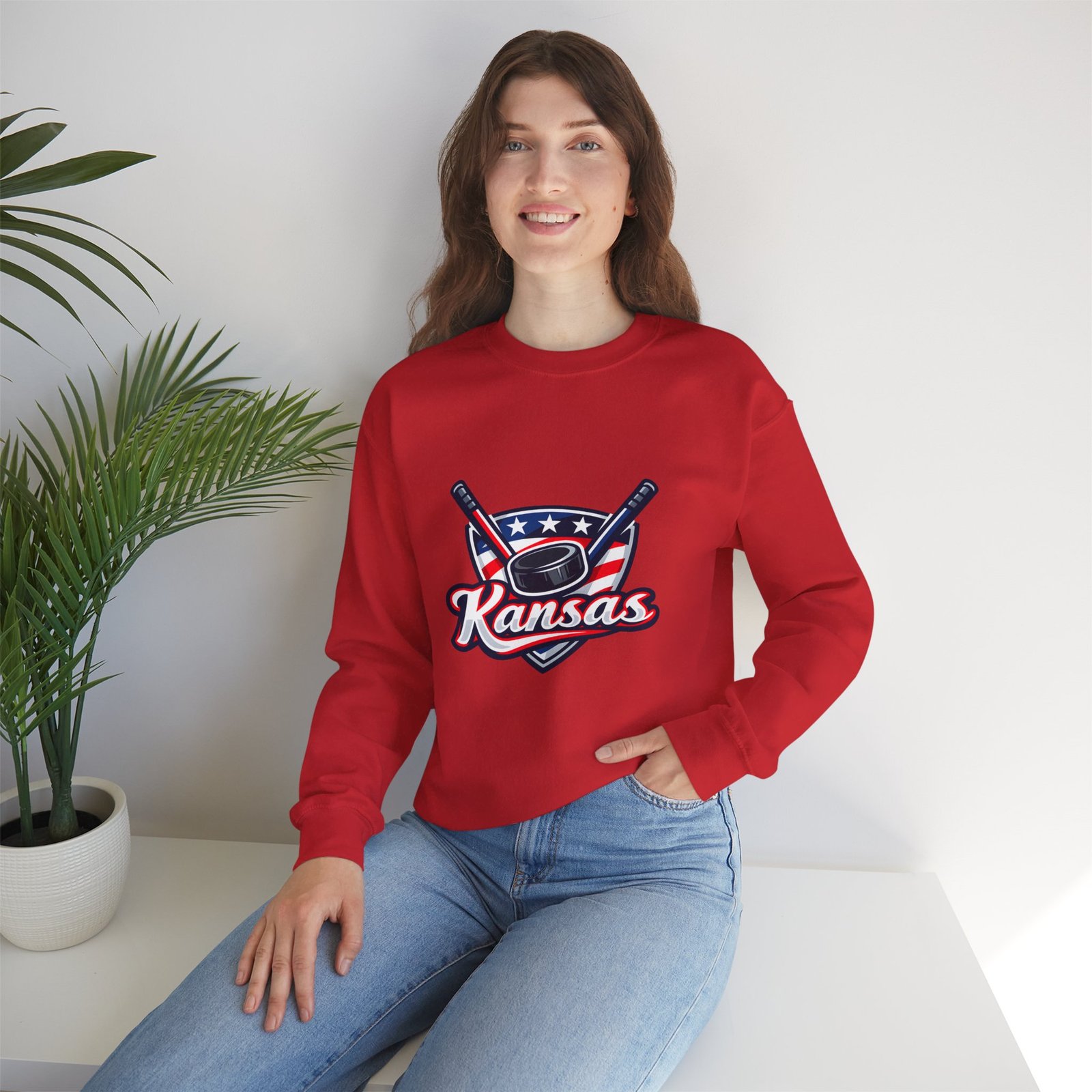 Kansas Hockey Crewneck Sweatshirt – Patriotic Puck & Sticks - Image 4