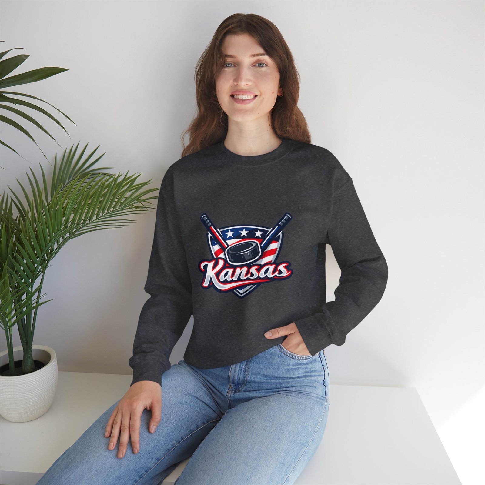 Kansas Hockey Crewneck Sweatshirt – Patriotic Puck & Sticks - Image 24