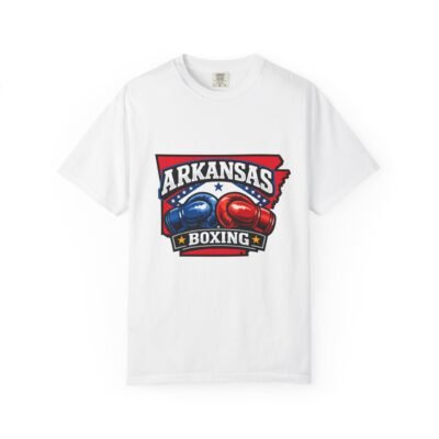 Arkansas Boxing T-Shirt — State Map with Red & Blue Boxing Gloves