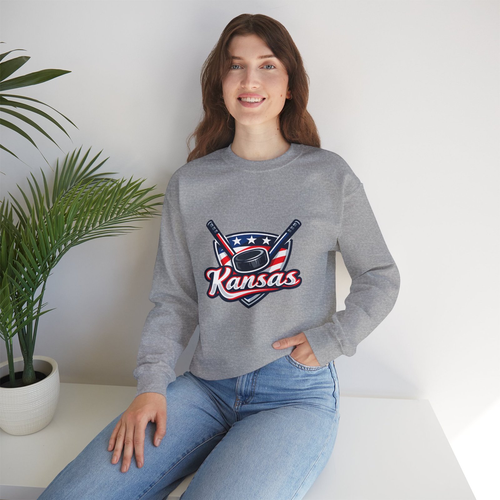 Kansas Hockey Crewneck Sweatshirt – Patriotic Puck & Sticks - Image 20