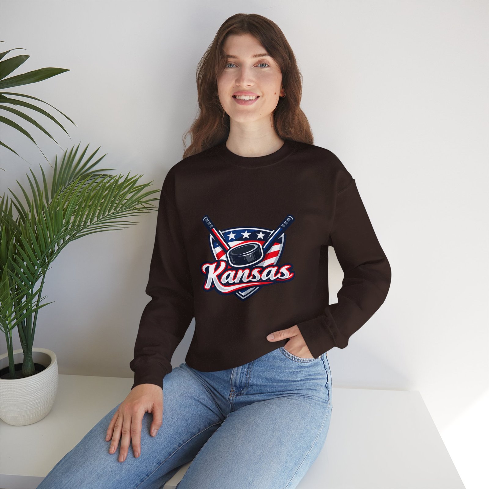 Kansas Hockey Crewneck Sweatshirt – Patriotic Puck & Sticks - Image 44