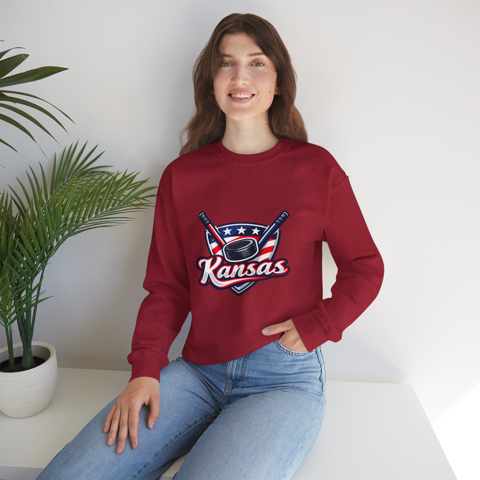 Kansas Hockey Crewneck Sweatshirt – Patriotic Puck & Sticks - Image 36