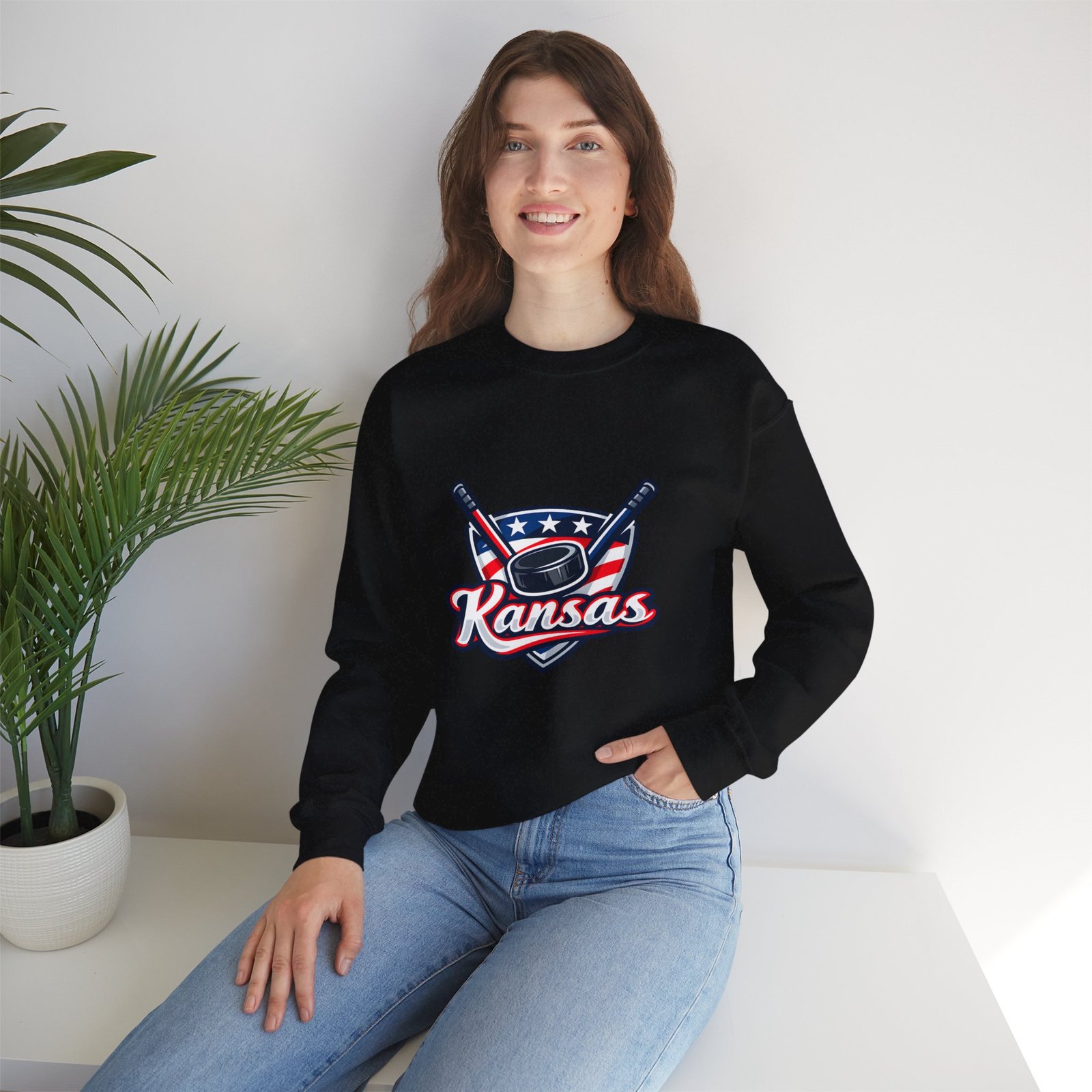 Kansas Hockey Crewneck Sweatshirt – Patriotic Puck & Sticks - Image 28