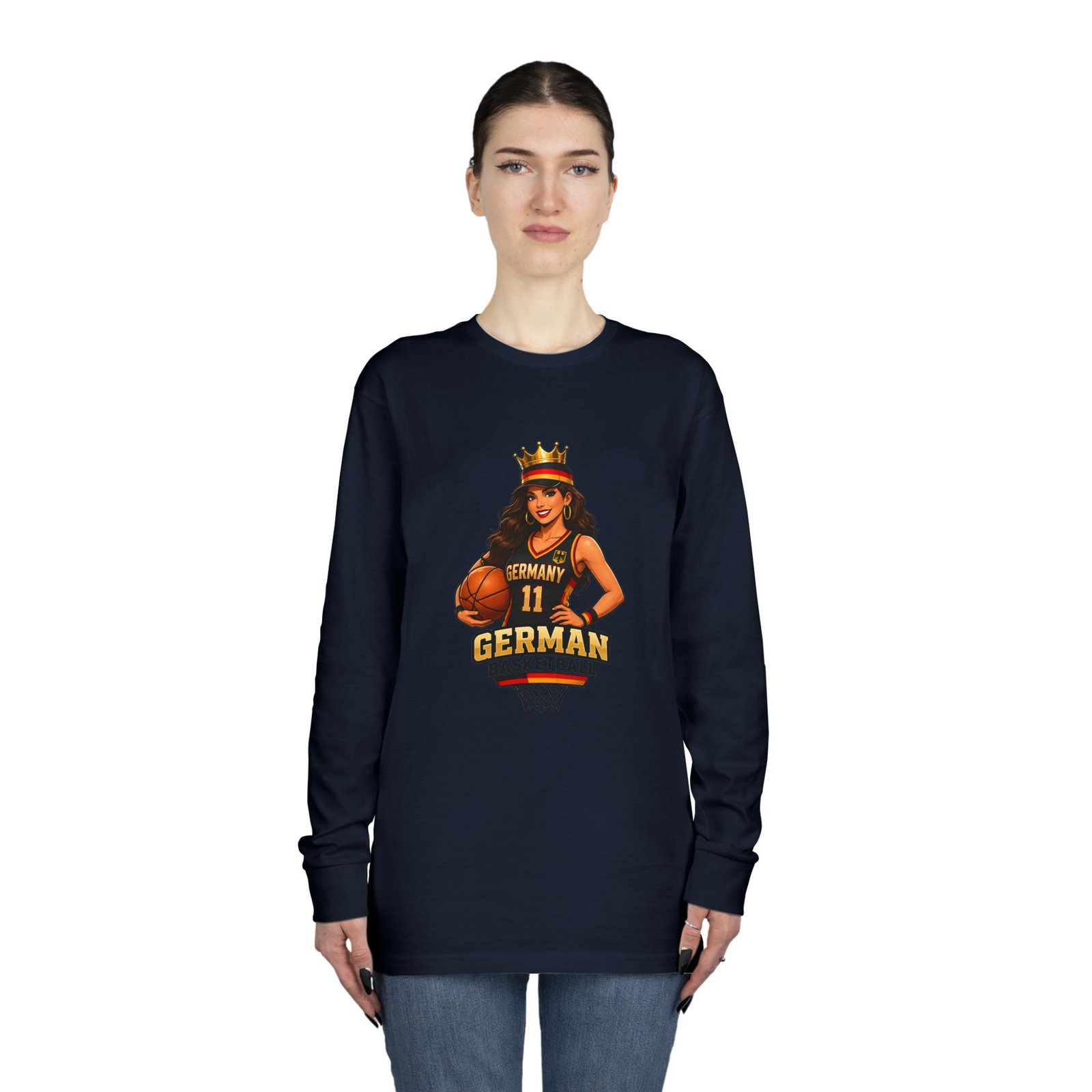 German Basketball Queen Long Sleeve Tee — Women’s Basketball Jersey Graphic - Image 52