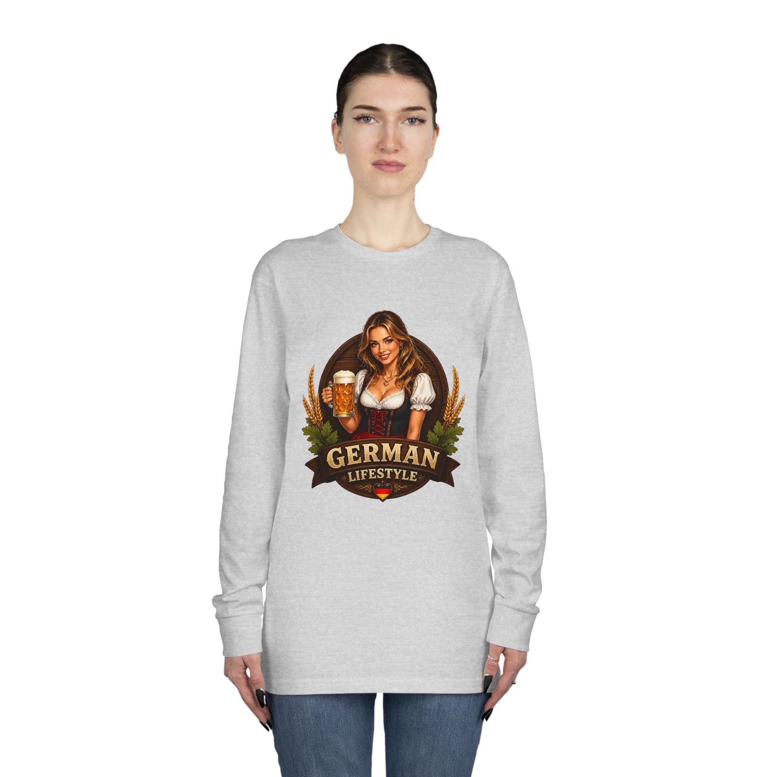 German Lifestyle Long Sleeve Tee — Oktoberfest Beer Girl Graphic - Image 8
