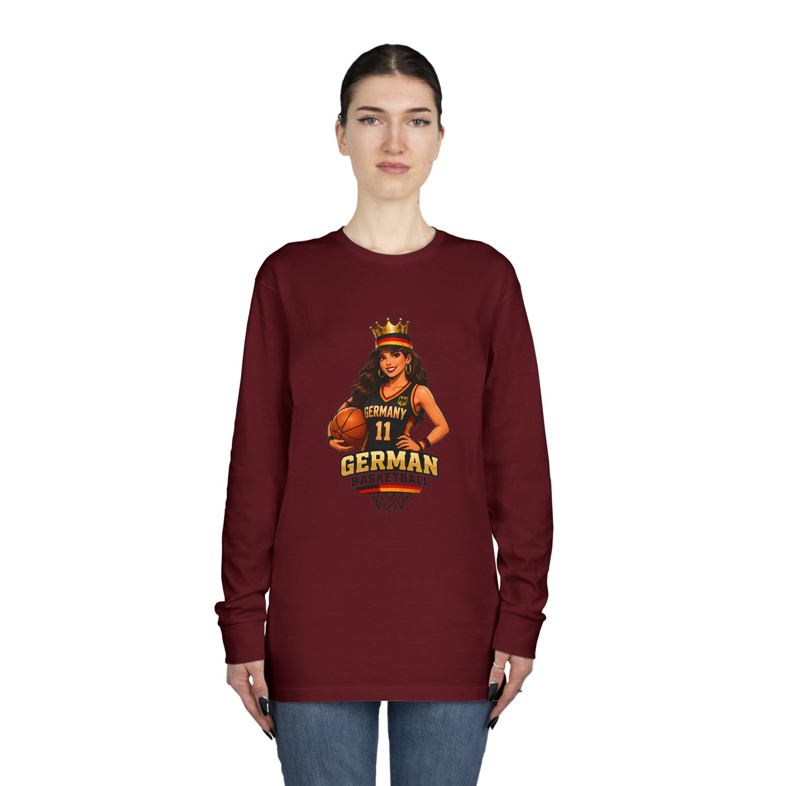 German Basketball Queen Long Sleeve Tee — Women’s Basketball Jersey Graphic - Image 56
