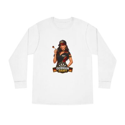 Long Sleeve Tee — "German Dart" Female Darts Player Graphic