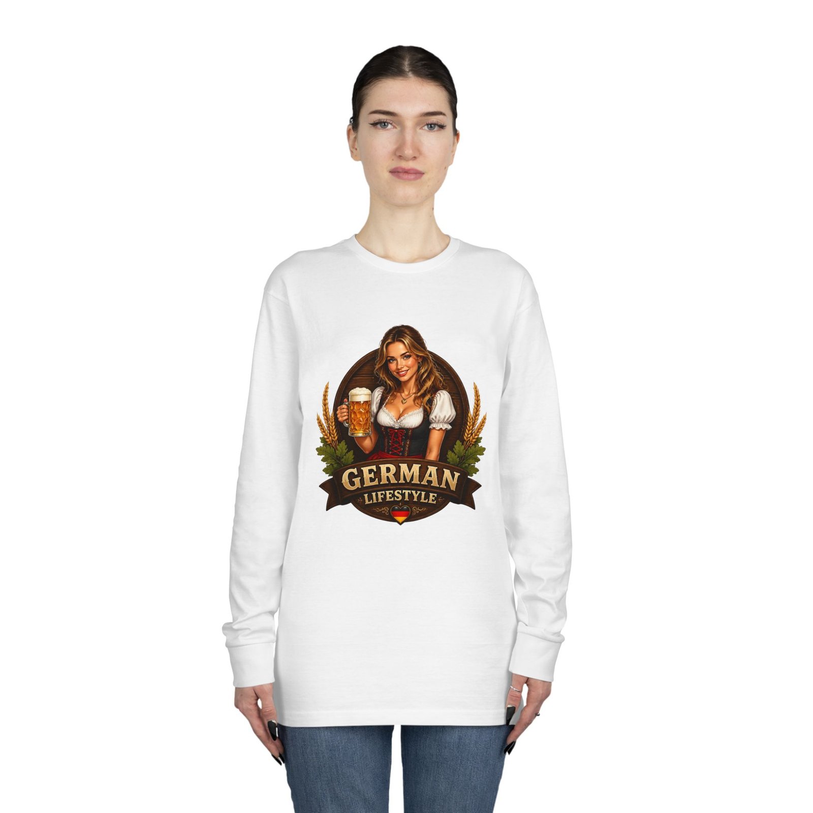 German Lifestyle Long Sleeve Tee — Oktoberfest Beer Girl Graphic - Image 4