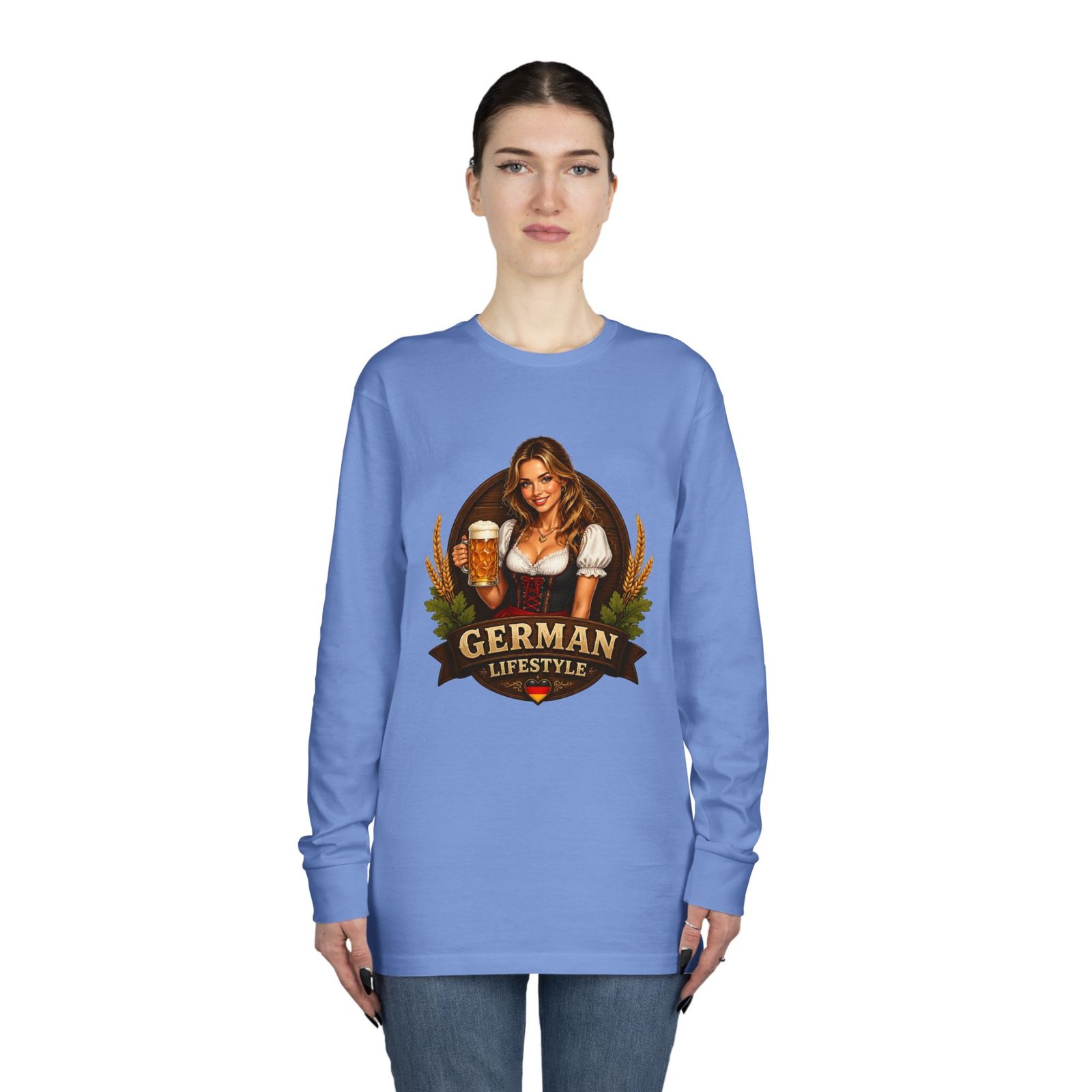 German Lifestyle Long Sleeve Tee — Oktoberfest Beer Girl Graphic - Image 48
