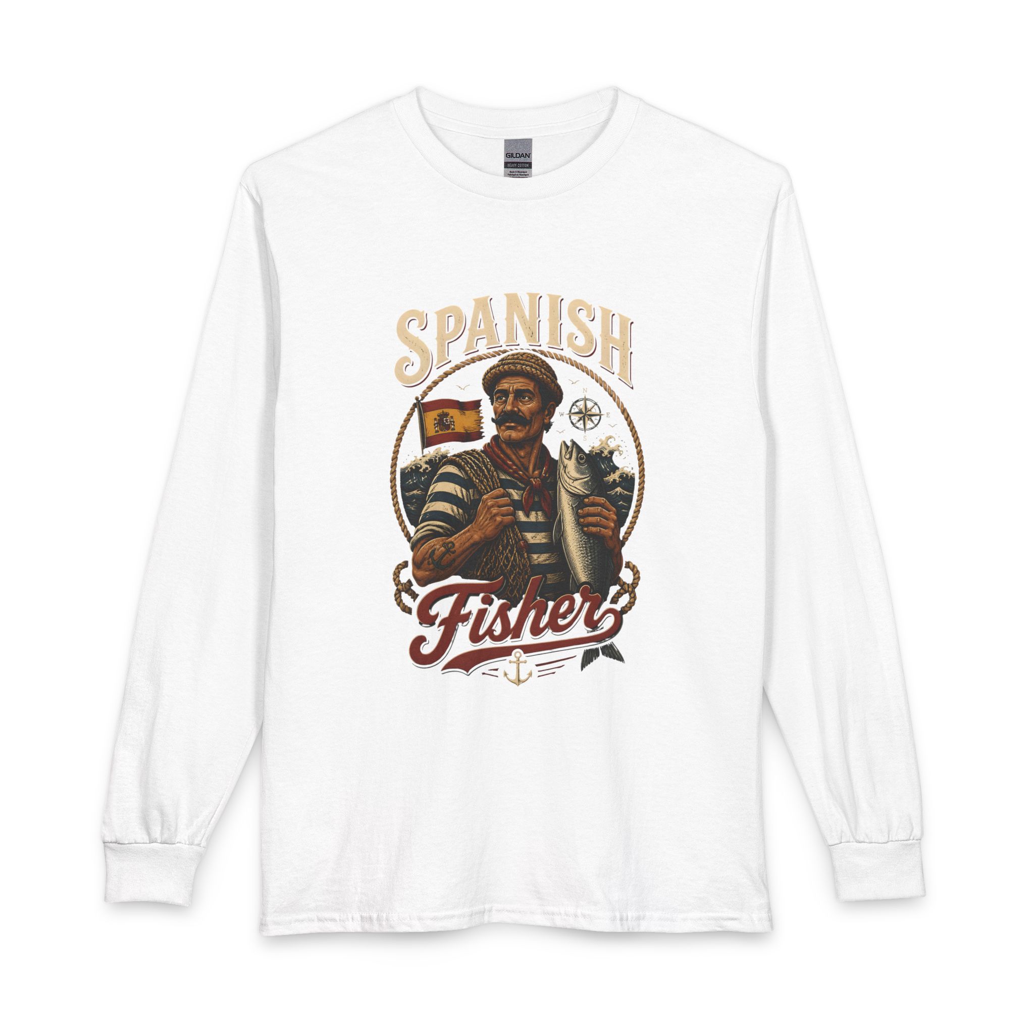 Spanish Fisher Long Sleeve T‑Shirt – Vintage Maritime Fisherman Graphic